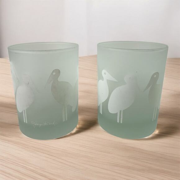 George Briard Set 2 Frosted Glass Crane Bird Lowball Barware Glasses Drink READ - Picture 3 of 8